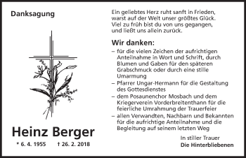 Traueranzeige von Heinz Berger von Dinkelsbuhl/ Feuchtwangen