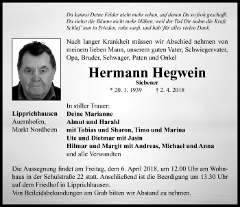 Traueranzeige von Hermann Hegwein von Neustadt/ Scheinfeld/ Uffenheim