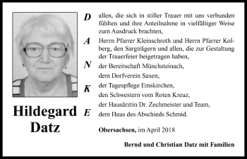 Traueranzeige von Hildegard Datz von Neustadt/ Scheinfeld/ Uffenheim