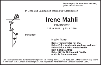 Traueranzeige von Irene Mahli von Ansbach