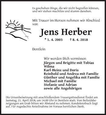 Traueranzeige von Jens Herber von Dinkelsbühl/ Feuchtwangen