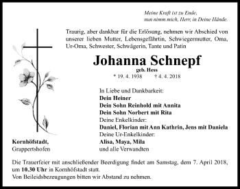 Traueranzeige von Johanna Schnepf von Neustadt/ Scheinfeld/ Uffenheim