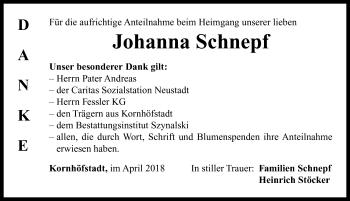 Traueranzeige von Johanna Schnepf von Neustadt/ Scheinfeld/ Uffenheim