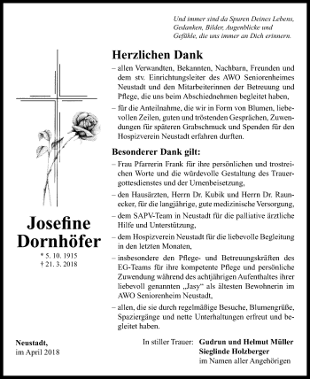 Traueranzeige von Josefine Dornhöfer von Neustadt/ Scheinfeld/ Uffenheim