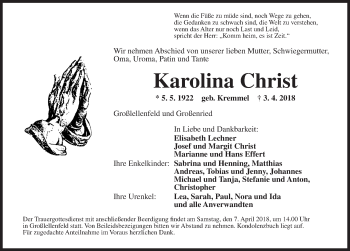 Traueranzeige von Karolina Christ von Dinkelsbuhl/ Feuchtwangen