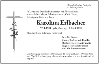 Traueranzeige von Karolina Erlbacher von Ansbach