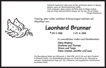 Traueranzeige von Leonhard Brunner von Ansbach