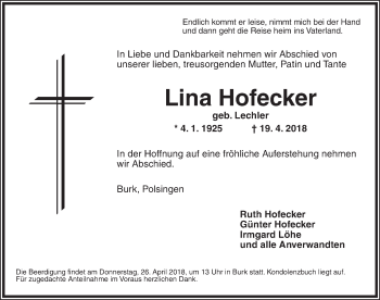 Traueranzeige von Lina Hofecker von Dinkelsbühl/ Feuchtwangen