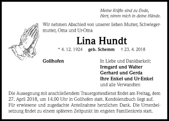 Traueranzeige von Lina Hundt von Neustadt/ Scheinfeld/ Uffenheim