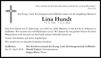 Traueranzeige von Lina Hundt von Neustadt/ Scheinfeld/ Uffenheim