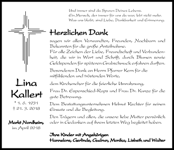 Traueranzeige von Lina Kallert von Neustadt/ Scheinfeld/ Uffenheim