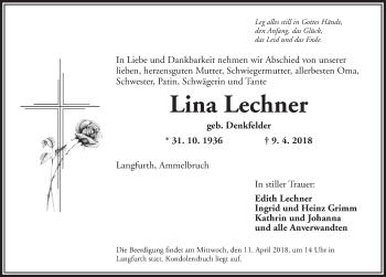 Traueranzeige von Lina Lechner von Dinkelsbuhl/ Feuchtwangen