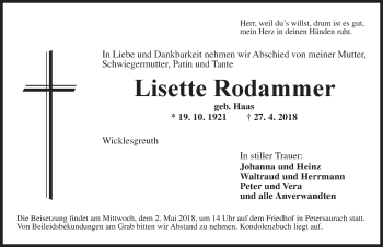 Traueranzeige von Lisette Rodammer von Ansbach