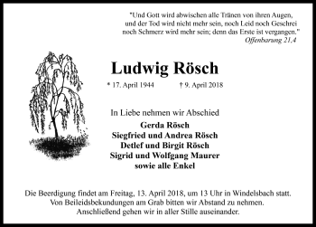 Traueranzeige von Ludwig Rösch von Rothenburg