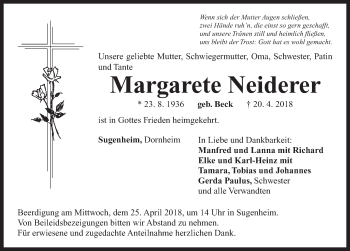 Traueranzeige von Margarete Neiderer von Neustadt/ Scheinfeld/ Uffenheim