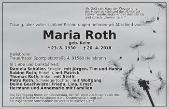 Traueranzeige von Maria Roth von Ansbach