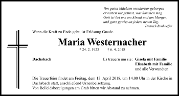 Traueranzeige von Maria Westernacher von Neustadt/ Scheinfeld/ Uffenheim