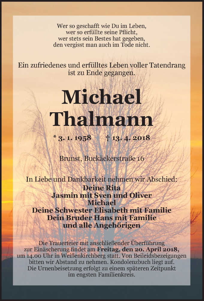  Traueranzeige für Michael Thalmann vom 18.04.2018 aus Gesamtausgabe