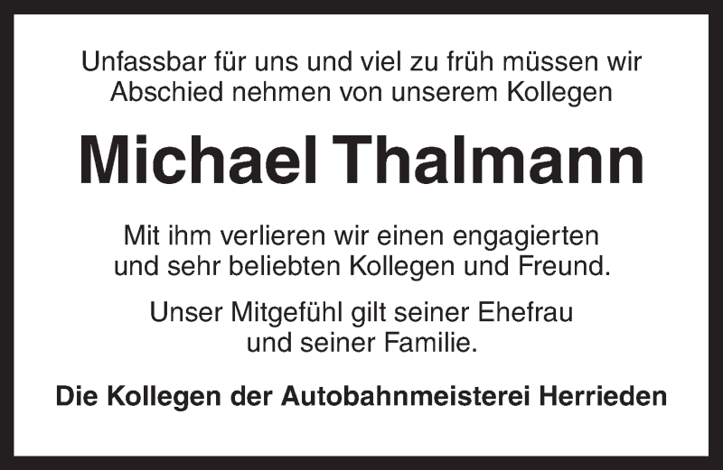  Traueranzeige für Michael Thalmann vom 18.04.2018 aus Dinkelsbühl/ Feuchtwangen