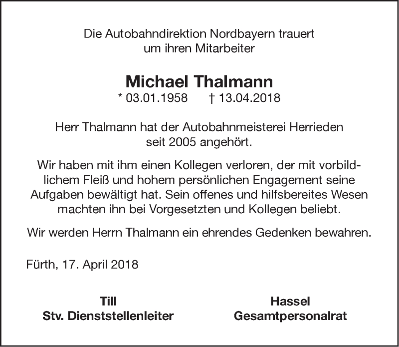  Traueranzeige für Michael Thalmann vom 20.04.2018 aus Dinkelsbuhl/ Feuchtwangen