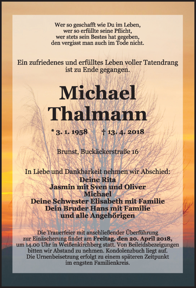  Traueranzeige für Michael Thalmann vom 18.04.2018 aus Rothenburg