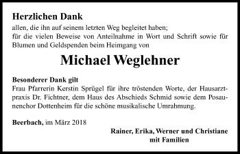 Traueranzeige von Michael Weglehner von Neustadt/ Scheinfeld/ Uffenheim