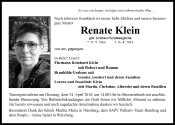 Traueranzeige von Renate Klein von Neustadt/ Scheinfeld/ Uffenheim