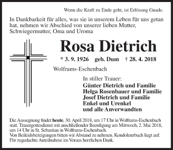 Traueranzeige von Rosa Dietrich von Ansbach