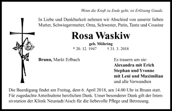 Traueranzeige von Rosa Waskiw von Neustadt/ Scheinfeld/ Uffenheim