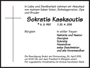 Traueranzeige von Sokratis Kaskaoutis von Ansbach