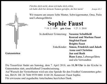 Traueranzeige von Sophie Faust von Neustadt/ Scheinfeld/ Uffenheim