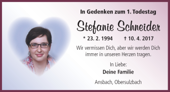 Traueranzeige von Stefanie Schneider von Ansbach