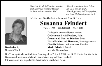 Traueranzeige von Susanna Feindert von Neustadt/ Scheinfeld/ Uffenheim