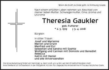 Traueranzeige von Theresia Gaukler von Ansbach