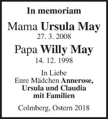 Traueranzeige von Ursula und Willy May von Ansbach