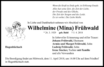 Traueranzeige von Wilhelmine  Frühwald von Neustadt/ Scheinfeld/ Uffenheim