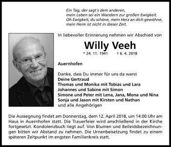 Traueranzeige von Willy Veeh von Neustadt/ Scheinfeld/ Uffenheim