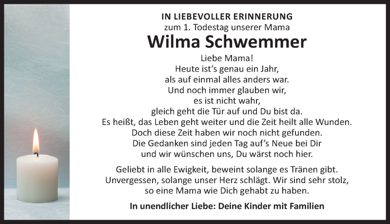 Traueranzeige für Wilma Schwemmer vom 27.04.2018 aus Neustadt/ Scheinfeld/ Uffenheim