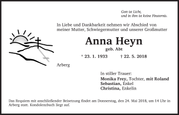 Traueranzeige von Anna Heyn von Dinkelsbuhl/ Feuchtwangen