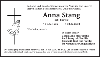 Traueranzeige von Anna Stang von Ansbach