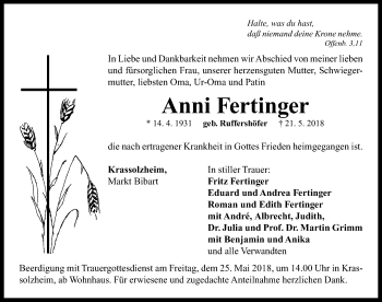 Traueranzeige von Anni Fertinger von Neustadt/ Scheinfeld/ Uffenheim