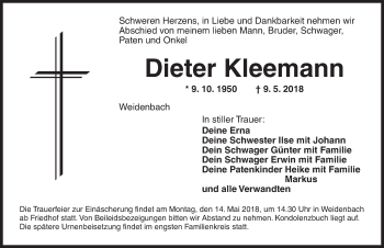 Traueranzeige von Dieter Kleemann von Ansbach