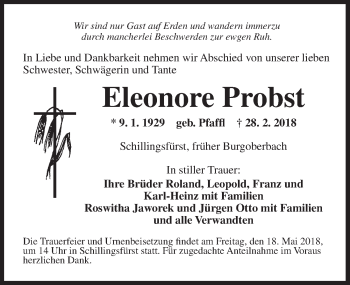 Traueranzeige von Eleonore Probst von Ansbach