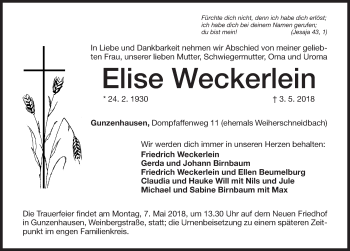 Traueranzeige von Elise Weckerlein von Dinkelsbühl/ Feuchtwangen