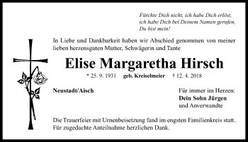 Traueranzeige von Elise Margaretha Hirsch von Neustadt/ Scheinfeld/ Uffenheim