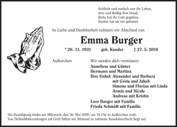 Traueranzeige von Emma Burger von Dinkelsbühl/ Feuchtwangen