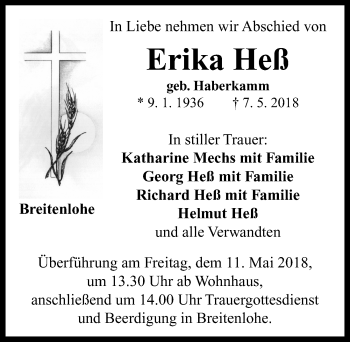 Traueranzeige von Erika Heß von Neustadt/ Scheinfeld/ Uffenheim