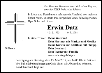 Traueranzeige von Erwin Datz von Neustadt/ Scheinfeld/ Uffenheim