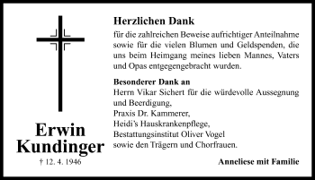 Traueranzeige von Erwin Kundinger von Neustadt/ Scheinfeld/ Uffenheim