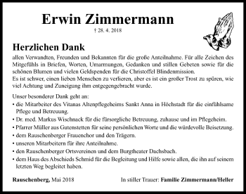 Traueranzeige von Erwin Zimmermann von Neustadt/ Scheinfeld/ Uffenheim